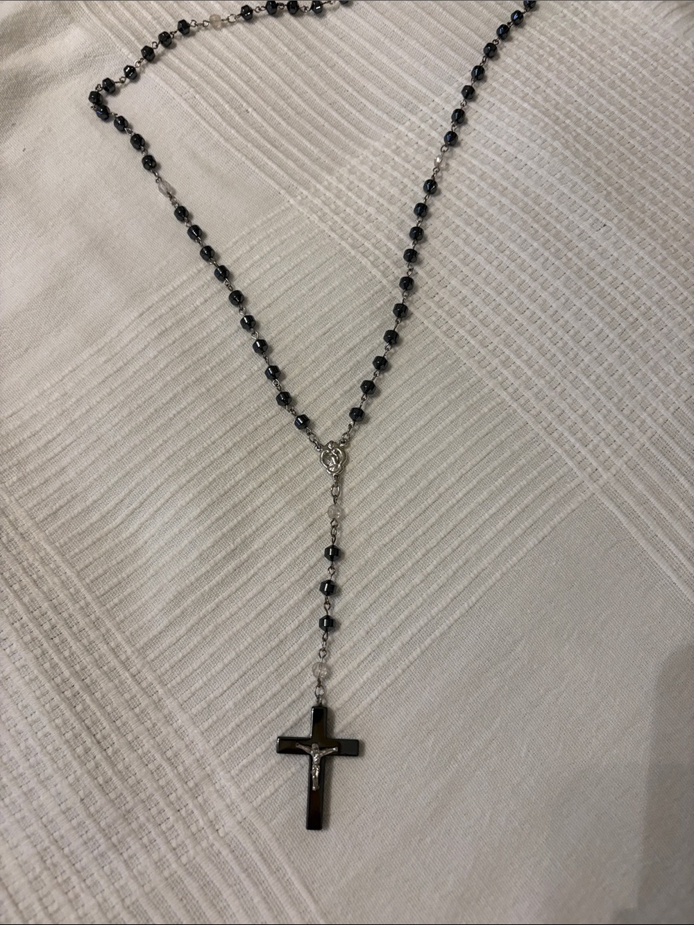 Black Beaded Rosary Cross Necklace - Women Jewelry